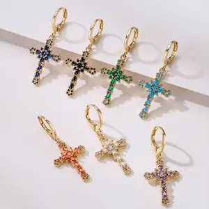 Fashionable new copper micro-inlaid colorful zirconium creative DDES0837 cross pendant with high color retention, stylish and light luxury earrings
