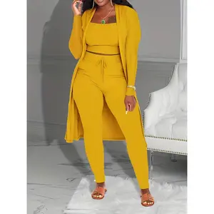 [Three-piece Solid Casual Set] Ribbed Solid Casual Three-piece Set, Open Front Long Sleeve Cardigan & Tank Top & Lace Up Pants Outfits, Women's Clothing