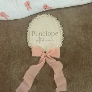 Scalloped Lace Wooden Name Announcement with Bow