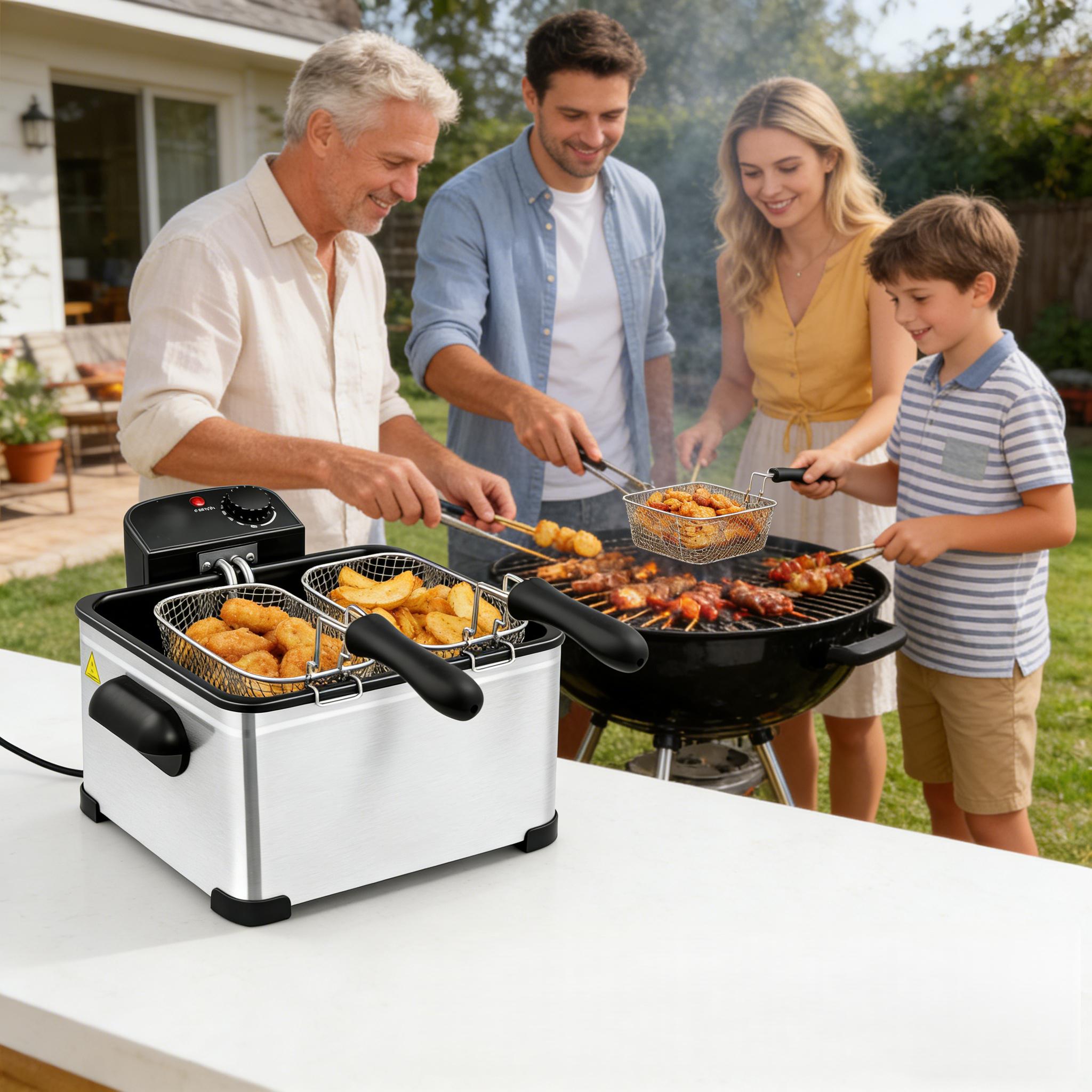 5L stainless steel, 1400 watt electric fryer, 1 large basket and 2 small baskets dual-use - classic stainless steel cookware with cold touch function, American standard three plug