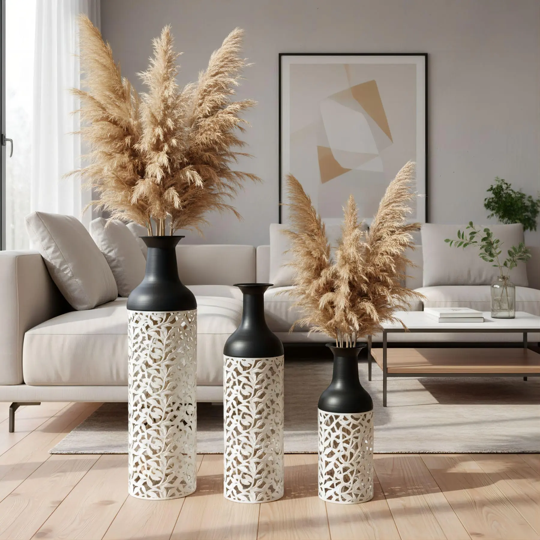 Large tall floor vases: 27-inch metal floor-standing vase; black-and-white vase with hollow design for living room, entryway, office, dining room, bedroom, fireplace, home corner (black-and-white [with hollow design])