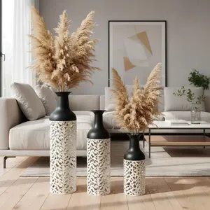Large tall floor vases: 27-inch metal floor-standing vase; black-and-white vase with hollow design for living room, entryway, office, dining room, bedroom, fireplace, home corner (black-and-white [with hollow design])