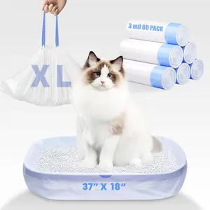 60 Pack Jumbo Cat Litter Bags - 3MIL Extra Thick Leakproof Litter Box Liners, 37"X18" Heavy Duty Drawstring Cat Litter Liners for Automatic Litter Box, Odor Control Disposable Kitty Litter Bags 6 Roll Frnoip