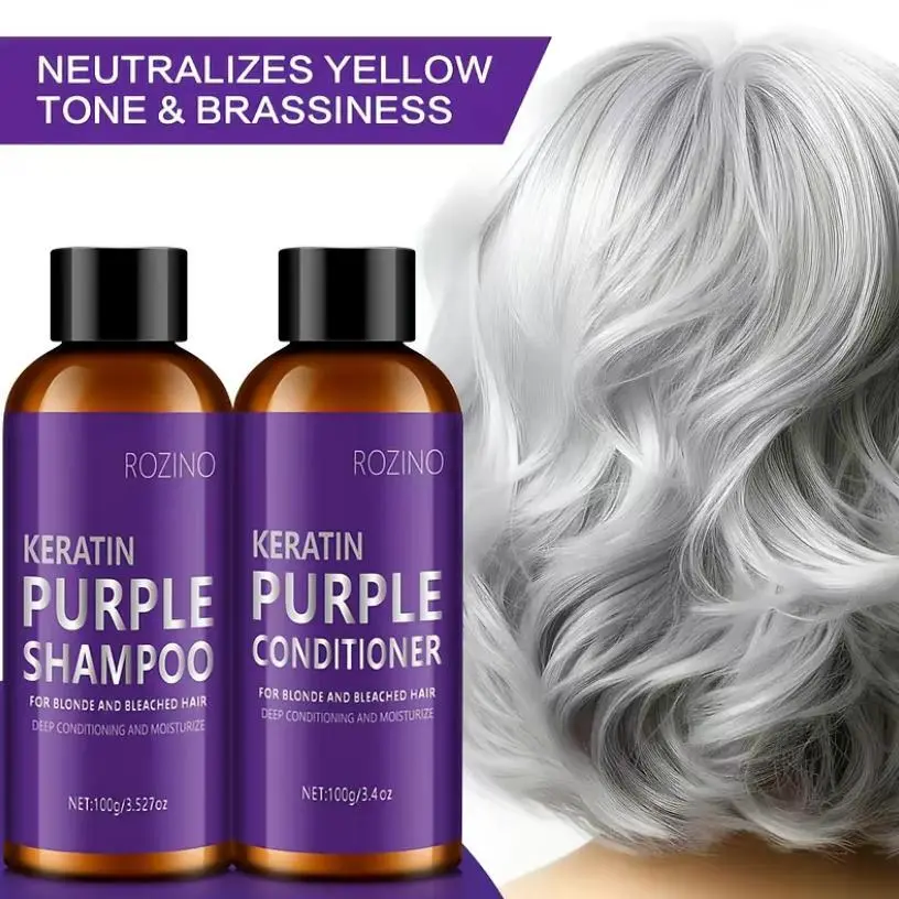 ROZINO Keratin Purple Shampoo and Conditioner Set, Professional Vegan Rosemary Haircare for Blonde, Silver & Gray Hair, Anti-Yellow Tone, Deep Nourishment, Color Lock, Strengthening & Scalp Oil Balance