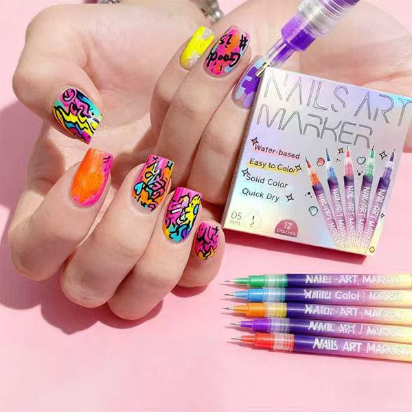 12-Color Nail Art Marker Set – Quick-Drying Acrylic Pens for DIY Manicures & Easy 3D Designs, Ideal for Beginners