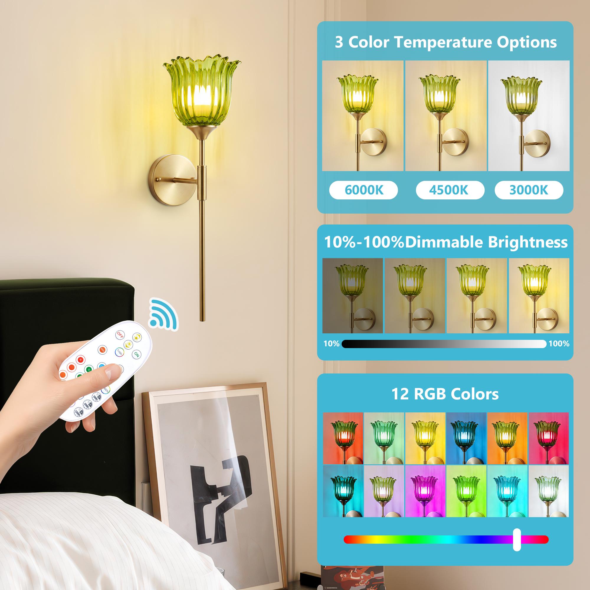 2-Pack Gold Wall Sconces with Green Glass Shade, Hardwired Indoor Wall Light Fixtures, Rechargeable RGB Magnetic Bulbs with Remote Control, 3Temperatures for Living Room, Bedroom, Hallway, Dining Room