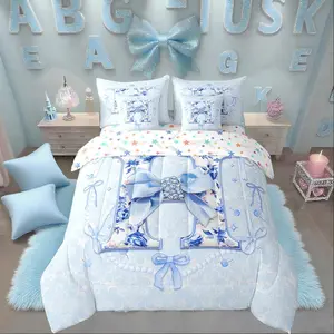 7Pcs 3D Initial Letter H Bedding Set,with Bow Design Coquette Blue Bow Comforter Set with Sheets for Mom/Sister Aesthetic Bowknot Cute Preppy Bed in A Bag Flower Floral Quilt(H)