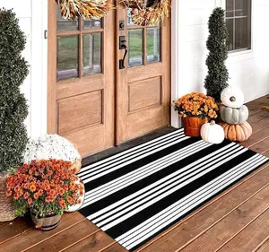 Black and White Striped Rug (27.5 x 43 Inches),Black and White Outdoor Rug, Hand-Woven Striped Rug Indoor/Outdoor Area Rug Front Door Floor Mat for Farmhouse/Porch/Living Room.