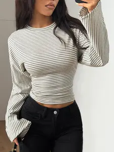 Women Striped Long Sleeve Top Slim Fit Soft Stretch Fabric Crew Neck Casual Chic Basic Tee Womenswear Daily Wear Office Street Style Layering Essential Fall Spring Outfit