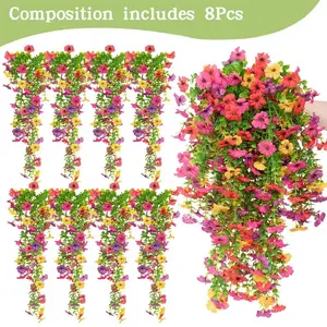 8 PCS Faux Silk Daisy with Eucalyptus Leaves, Artificial Fake Hanging Flowers Plants for Outdoor Autumn Decoration,UV Resistant Look Real Long Trailing Vines for Outside Home Indoor Planter Porch Patio Balcony Yard Decor