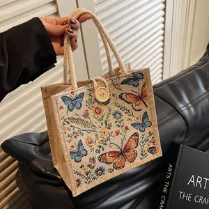Butterfly Jute Tote Bag for Women Trendy Floral Handbag Embroidered Burlap Shopper Cotton Rope Handle Casual Beach Picnic Cottagecore Aesthetic Gift