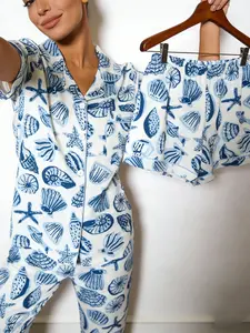 Women's Sleepwear Three-Piece Set, Blue Shell Starfish Full-Print, Casual Slim-Fit Short Sleeve Shorts Long Pants, All Seasons Home Wear