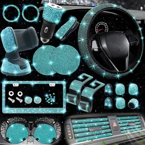 27 PCs Aquamrine Bling Car Accessories Set for Women, Steering Wheel Covers Universal Fit 15 Inch, Bling License Plate Frame, Bling Phone Holder, Bling Car Coasters (Aquamrine Diamond)