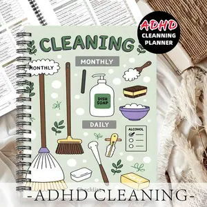 1pc ADHD Cleaning Planner Themed Subject Notebook,Fresh Checklist Style-Light Green Background,Broom,Dish Soap,and Green Leaf Patterns.Record Monthly and Daily Cleaning Checklists. Planning Notebook. Checklist-style Task Management.5.5x8.3 Inch Notebook.