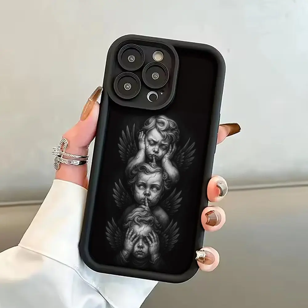 Phone Case - A Beautifully Designed Phone Case Featuring Mystical Cherubs Embodying The Themes of See-No-Evil, Hear-No-Evil, And Speak-No-Evil. It Has a Fine Matte Black End, Offers a Comfortable Grip