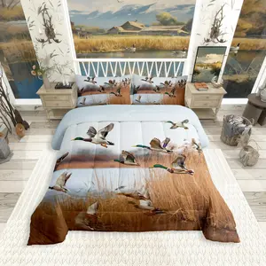 Flying Duck Bedding ,Hunting Wild Animal Quilt,Natural Rustic Design Comforter Set,D Wild Duck Lodge Cabin Farmhouse Duvet Insert Pieces
