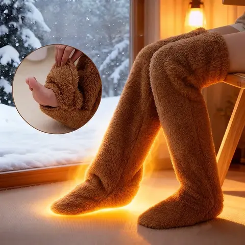 Long Fuzzy Plush Lounge Socks with Foot Openings, Solid Color Indoor Socks for Home Relaxing, Reading, Sofa Lounging and Bedtime, 1 Pair
