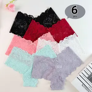 6 Pack Multicolor Women's Lace Floral Patterned Boyshorts, Seamless Low Waist Cut, Breathable Invisible Bikini Style Boyshorts, Fashion Basic Minimalist Elegant Underwear, New Fall Winter Christmas Gift Clothes Womenswear