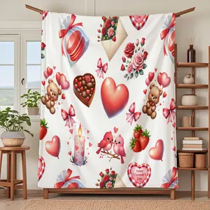 Valentine's Day Care Bear Rose Strawberry and Bird Pattern Blanket, Suitable for Bedroom and Living Room Decoration, Cozy Throw Blanket