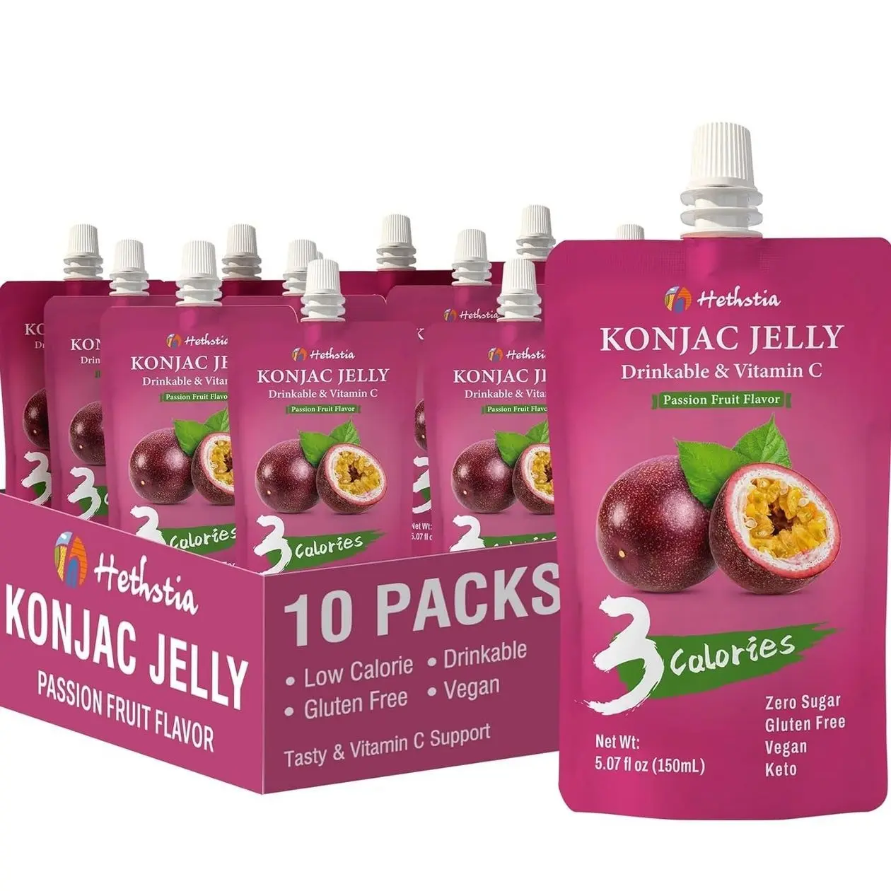 Hethstia Konjac Jelly Drinkable Squeeze Pouch Passion Fruit Flavor, 3 Calories, 10 Packs, 0 Sugar, Vegan, Gluten Free, Keto, Vitamin C Healthy Fruit Sweet Snacks & Holiday Gifts