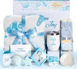 12Pcs Birthday Gifts for Women, Get Well Soon Gift Baskets for Women, Relaxing Ocean Self Care Package W/Flannel Blanket, Valentines Day Gifts for Her Best Friend Wife Sister