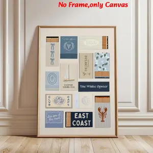 1pc, wall art, vintage poster, blue matchbox collage, preppy east coast beach style canvas painting, bedroom decor, living room decor aesthetic, room decor, housewarming gift, Artwork, Decoration, unframed
