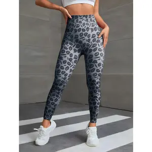 Women's gray leopard print yoga leggings, bullet high waist, elastic exercise leggings for running and fitness, autumn and winter breathable activewear