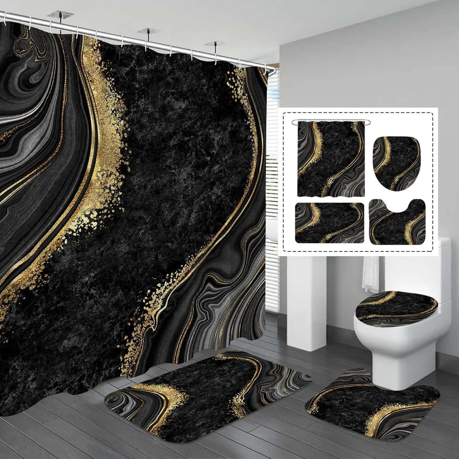 4-Piece Black Gold Glam Luxury Bathroom Shower Equipment Set - Thick, Comfortable, Soft-Touch, Odorless, Waterproof Modern Indoor Set with Shower Curtain, Non-Slip Rug, Toilet Lid Cover, 19.3in W x 15.2in L U-Type Contour Rug, Luxury Bathroom Decor