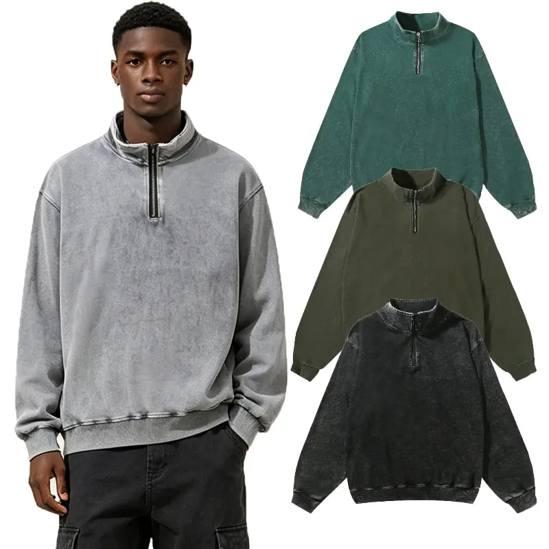 2 Pack Men Vintage Acid Wash Quarter Zip Sweatshirt Loose Oversized Stand Collar Pullover Casual Streetwear Multi Color Combo Sweatshirts