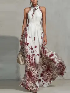 2026 New Leopard Print Halter Long Dress, Elegant Fitted Pleated Dress, Contrast Mesh Floral Print, Sexy Strapless A-Line Dress
