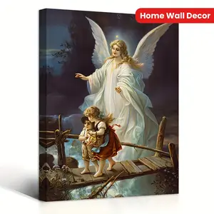 Home Wall Decor Guardian Angel Canvas Painting 1pc Framed Religious Artwork for Bathroom Bedroom Office Living Room Spiritual Decor Ornaments