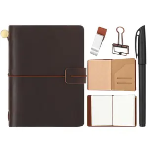 Travelers Refillable Leather Journal Notebook Travel Diary Handmade Passport Travelers Journal for Men and Women with 3 Notebook Inserts, Pen Holder, Binder Clip(Dark Brown,Passport Size)
