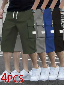 4-Pack Men’s Solid Color Cargo Shorts – Loose Fit Shorts with Drawstring Waist and Pockets, Ideal for Everyday Casual Wear – Versatile Shorts, Comfortable Fit, Suitable for Work and Leisure Activities, Various Occasions, Men’s Work Shorts, Men’s Cargo Sho