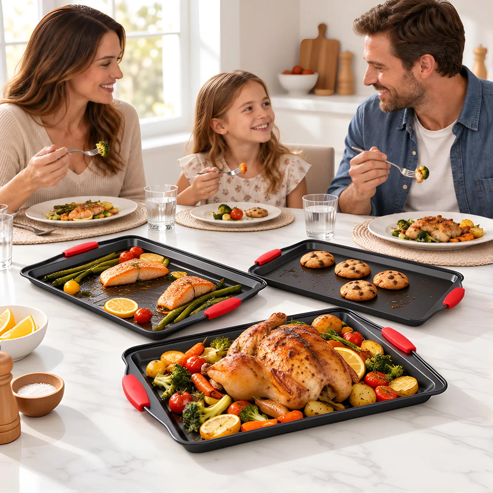 3 Pack Nonstick Baking Sheet Set with Silicone Handles, Heavy-Duty Carbon Steel Cookie Sheets, Oven Safe Bakeware, Dishwasher Friendly, BPA & PFOA Free Black Baking Trays