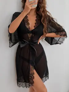 Seduluxe Black Sheer Mesh Night Robe with Contrast Eyelash Lace Trim Long Sleeve Belted Sleepwear for Bridal and Valentines Day