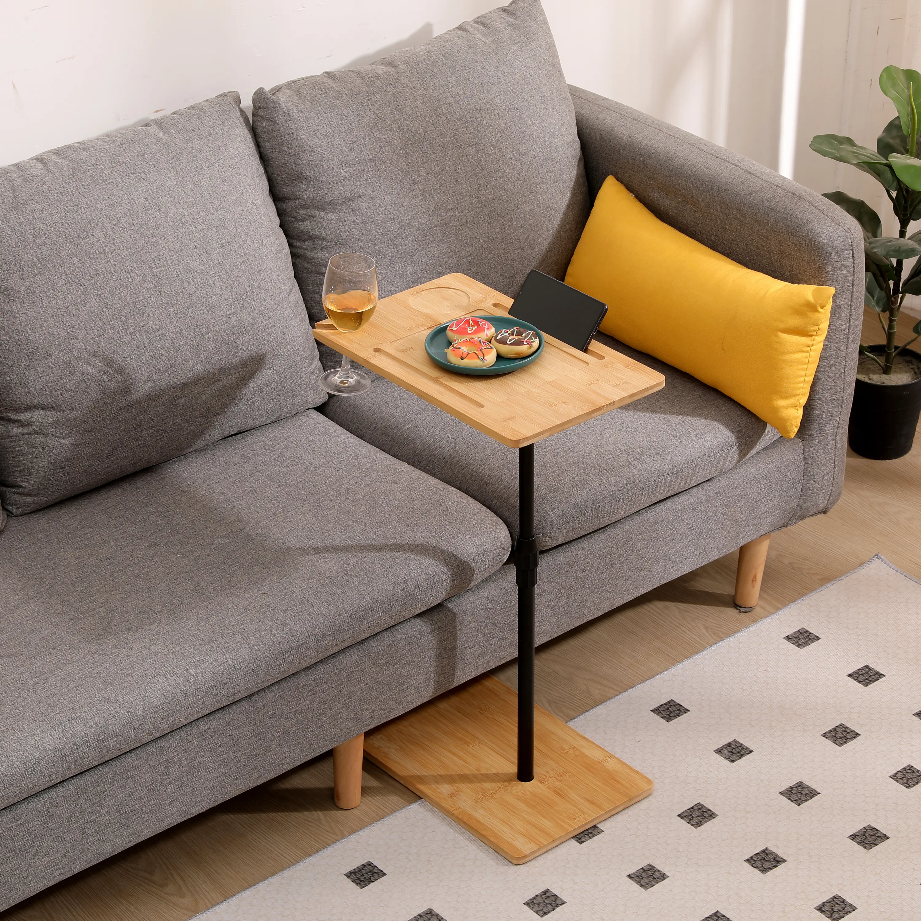 TV Tray Table for Couch - Adjustable Height & 360°Swivel Panel Design，Larger Metal and Wooden Base to Prevent Slipping，Sofa Armrest Tray Table for Eating Laptop Couch Bed Dinner or Small Space