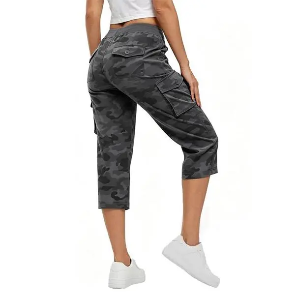 YSENTO Outdoor Camouflage Capris Shorts Regular Fit Solid Drawstring Cargo Pants Casual Comfortable Plain Pattern with 6 Pockets for Summer Daily Wear Bottom