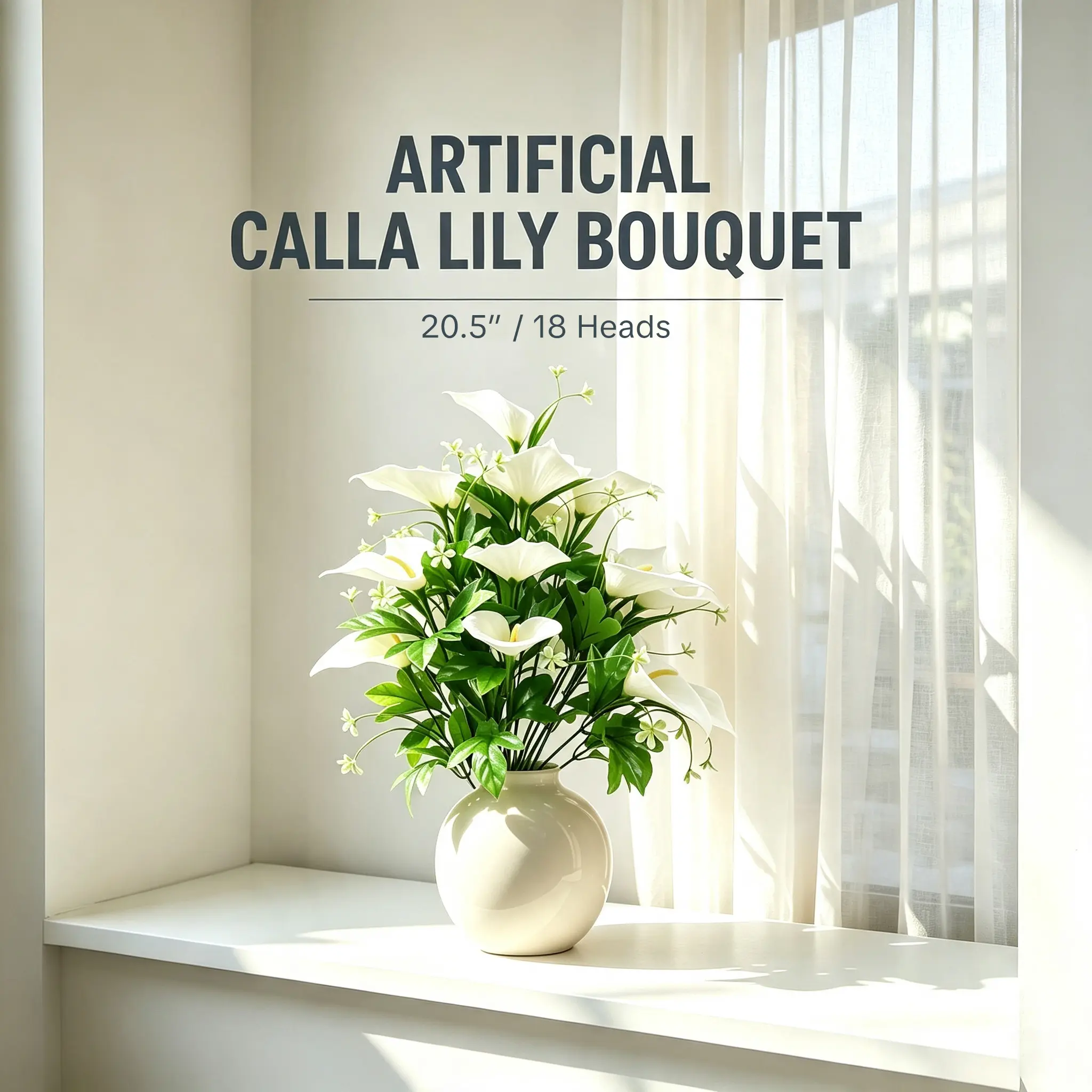 Artificial White Calla Lily Bouquet 18 Heads 20.5in - Lifelike Faux Flower Bouquet | No Maintenance Floral Decor for Home Office Indoor Outdoor Decor