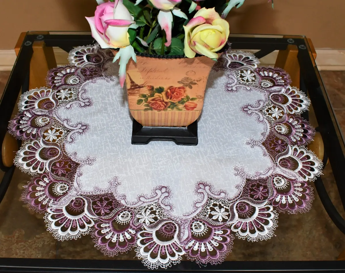 Antique European Lace Doily, 24 inch Round Table Decor in Purple and White, Machine Washable Polyester Fabric, Antique Lace