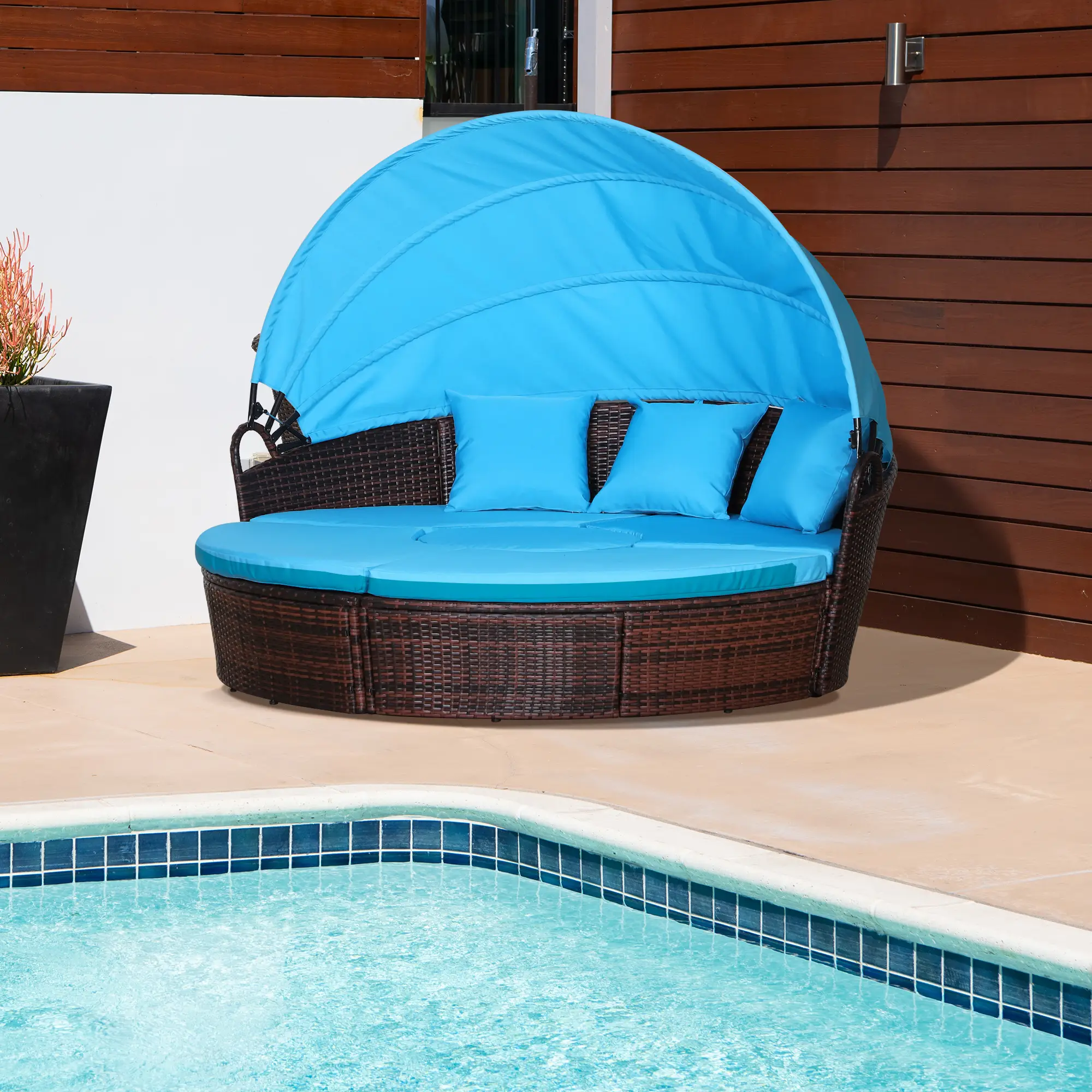 【3 Packages Shipping】Outsunny Patio Furniture Set, Round Outdoor Daybed with Retractable Canopy, PE Rattan Sectional Sofa with Washable Couch Cushions