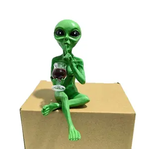 Green Alien Resin Figurine Drinking Beer & Wine Sculpture Statue Sci-Fi Decor for Desk & Bookshelf Unique Gift for Alien & Space Fans