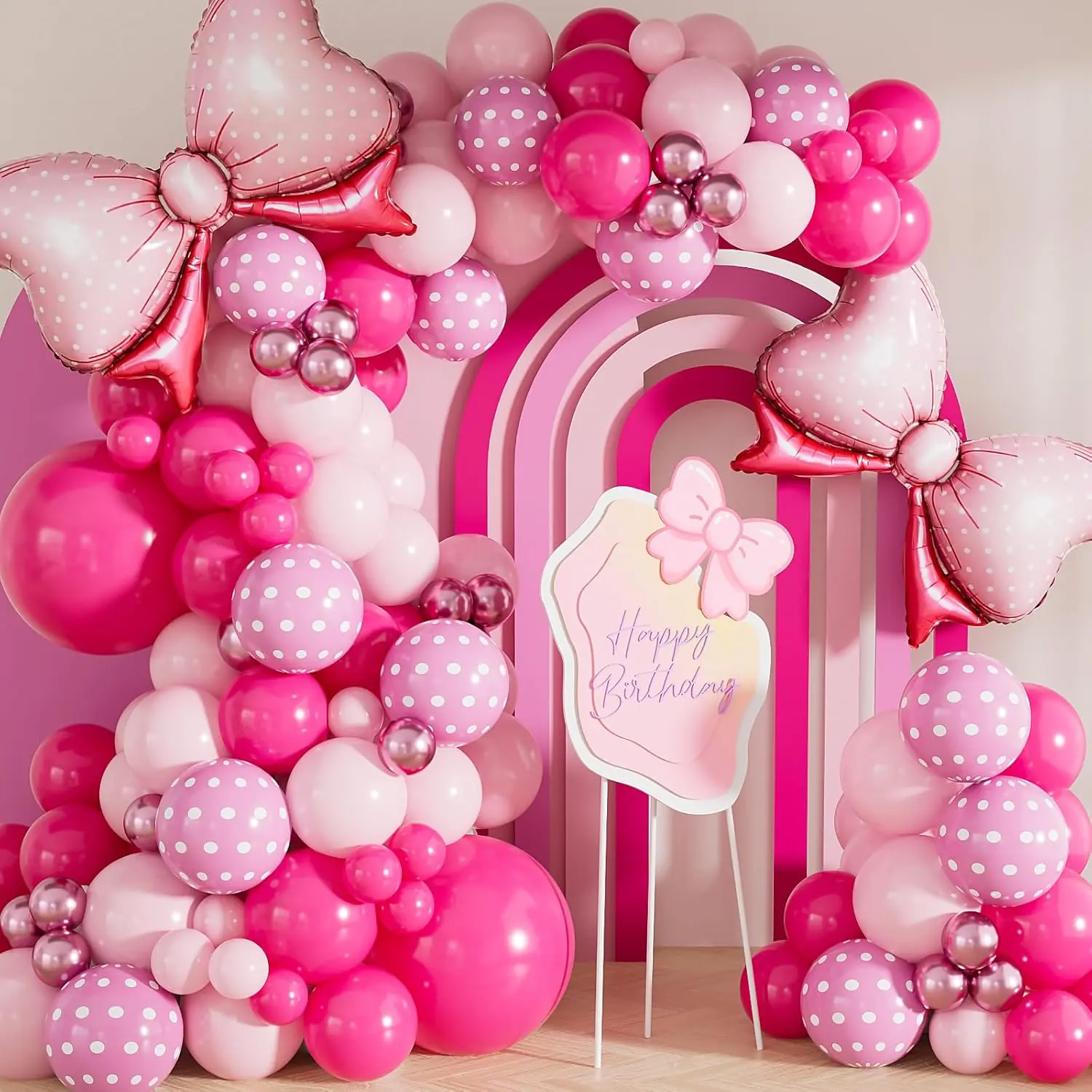 124-Piece Latex Pink Mouse Balloon Garland Arch Kit - Hot Pink, Pastel, Polka Dot Balloons with Bow, Stars, 20in, 36in Girls' Party Supplies for Decoration, DIY Projects