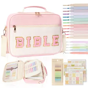 Bible Cover Case for Women Bible Study Supplies Large Preppy Chenille Pink Leather Bible Carrying Tote Bag Letter Bible Case Christmas Christian Gifts for Women Girls (Pink, Large)