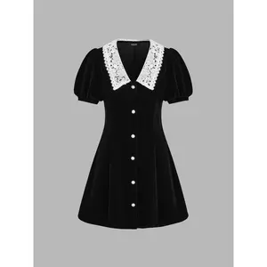 Cider [size 0-26] Velvet V-neck Solid Button Mini Dress