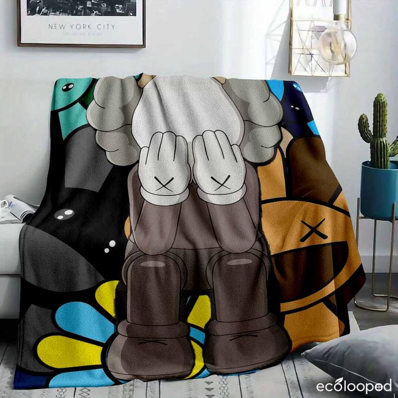 KAWS Flannel Blanket  Takashi Murakami Inspired Floral Print  Soft & Warm  Lightweight & Cozy  AntiPilling  Ideal for Home Decor  Living Room Sofa  Bedroom Throw  Dorm  Birthday Gifts  Art Lovers.