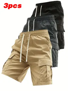 Men’s solid-color loose cargo shorts with elastic waistband and side pockets, adjustable drawstring waist, suitable for summer outdoor sports, casual wear, and work.