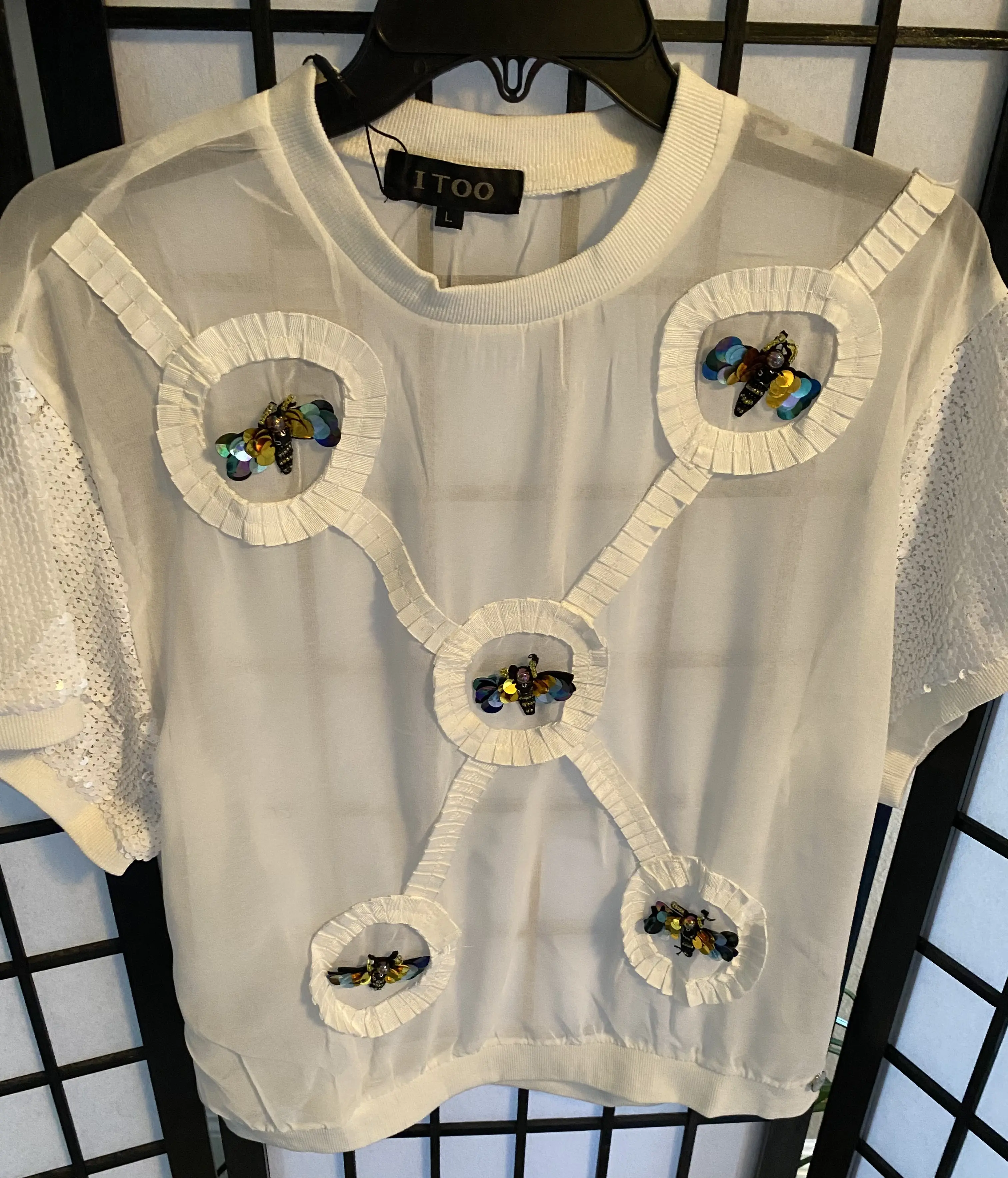 Woman Short Sleeve White Blouse, With 5 Butterfly Charms And White Sequin design on sleeve