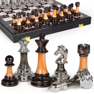 15" Large Chess Set for Adults with Weighted Acrylic Chess Pieces 3.5" King & Portable Folding Marbling Wooden Chess Board Travel Chess Sets Family Board Game Gift – Elegant Classic Chess Game