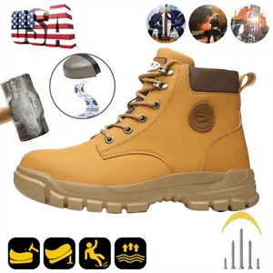 All-Day Comfort Men's Solid Color Classic High Top Plain Toe Safety Boots Non-Slip Durable Lace Up Work Shoes Anti-Smashing Anti-Stab