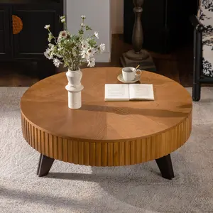 39.37" Round Coffee Table with Hidden Storage Removable Top,Modern Luxury Circle Drum Coffee Tables,Solid Wood Veneered Circle Center Table with Sturdy Pedestal for Living Room,Easy Assembly, Natural